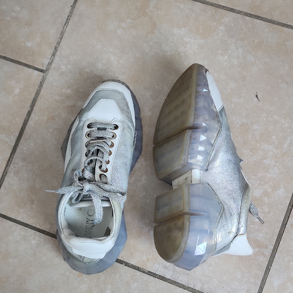 Jimmy Choo Metallic Silver and White Sneakers Size 36